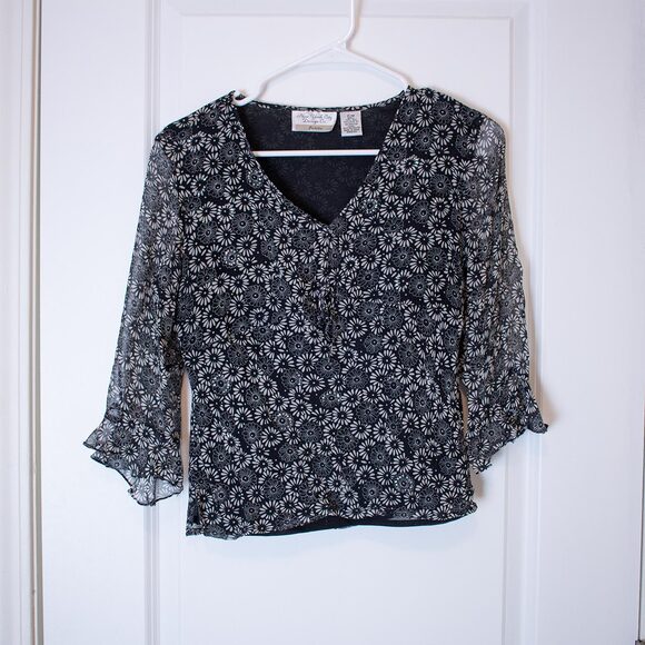 Sheer Black Floral Beaded Blouse NYC Design Co Tie Front Top P Med | True Winter - Picture 1 of 9
